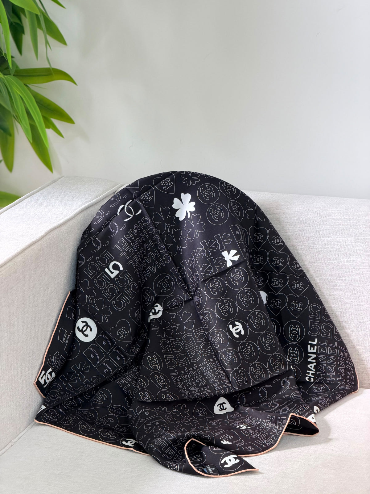 CHANEL Patchwork small emblems flowers lettering Square Scarf