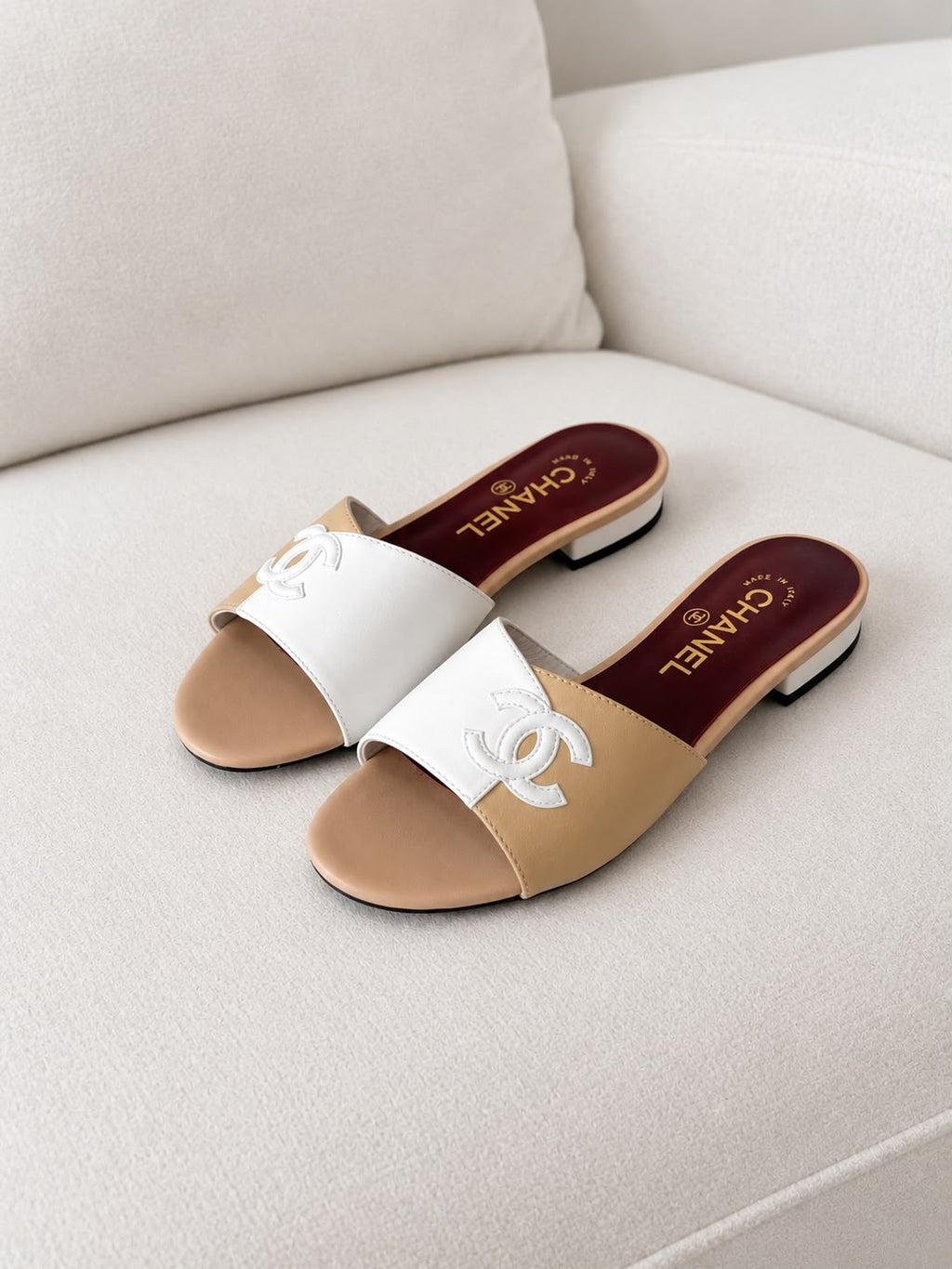 Chanel Two-Tone Leather CC Logo Flat Sandals