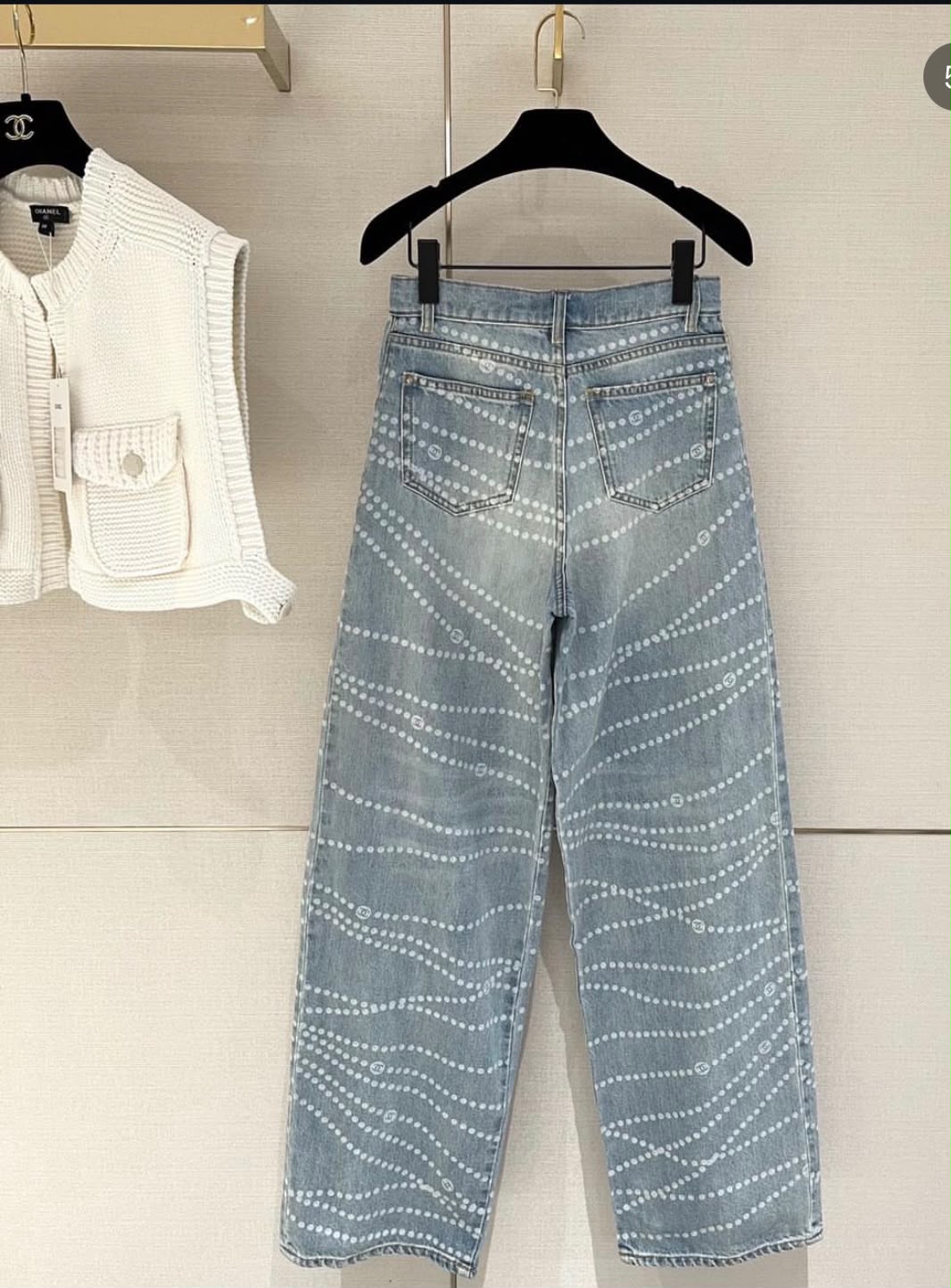 Chanel Pearl Strand Motif Printed Denim Jeans