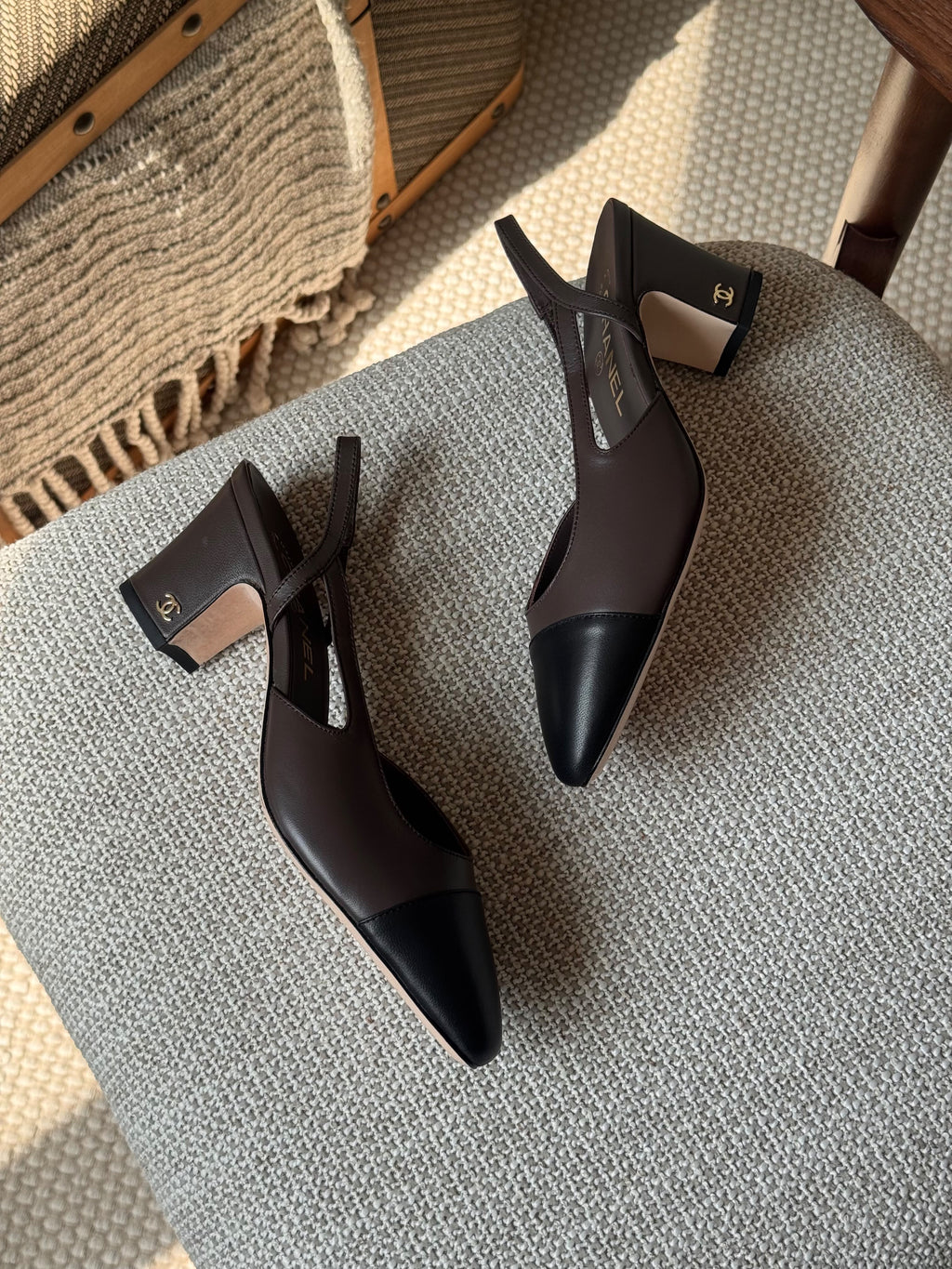 Chanel Two-Tone Leather Slingback Pumps with Contrast Cap-Toe