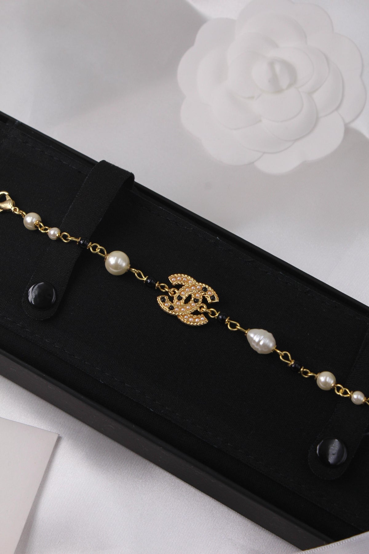 Chanel-Inspired Pearl Bracelet with Gold CC Charm