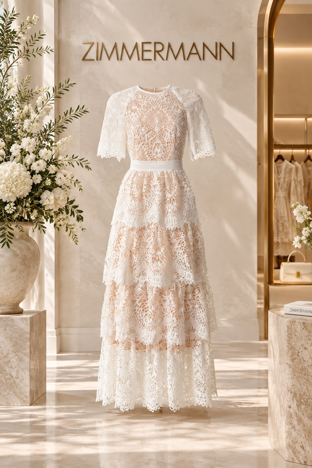 Zimmermann White Lace Tiered Midi Dress