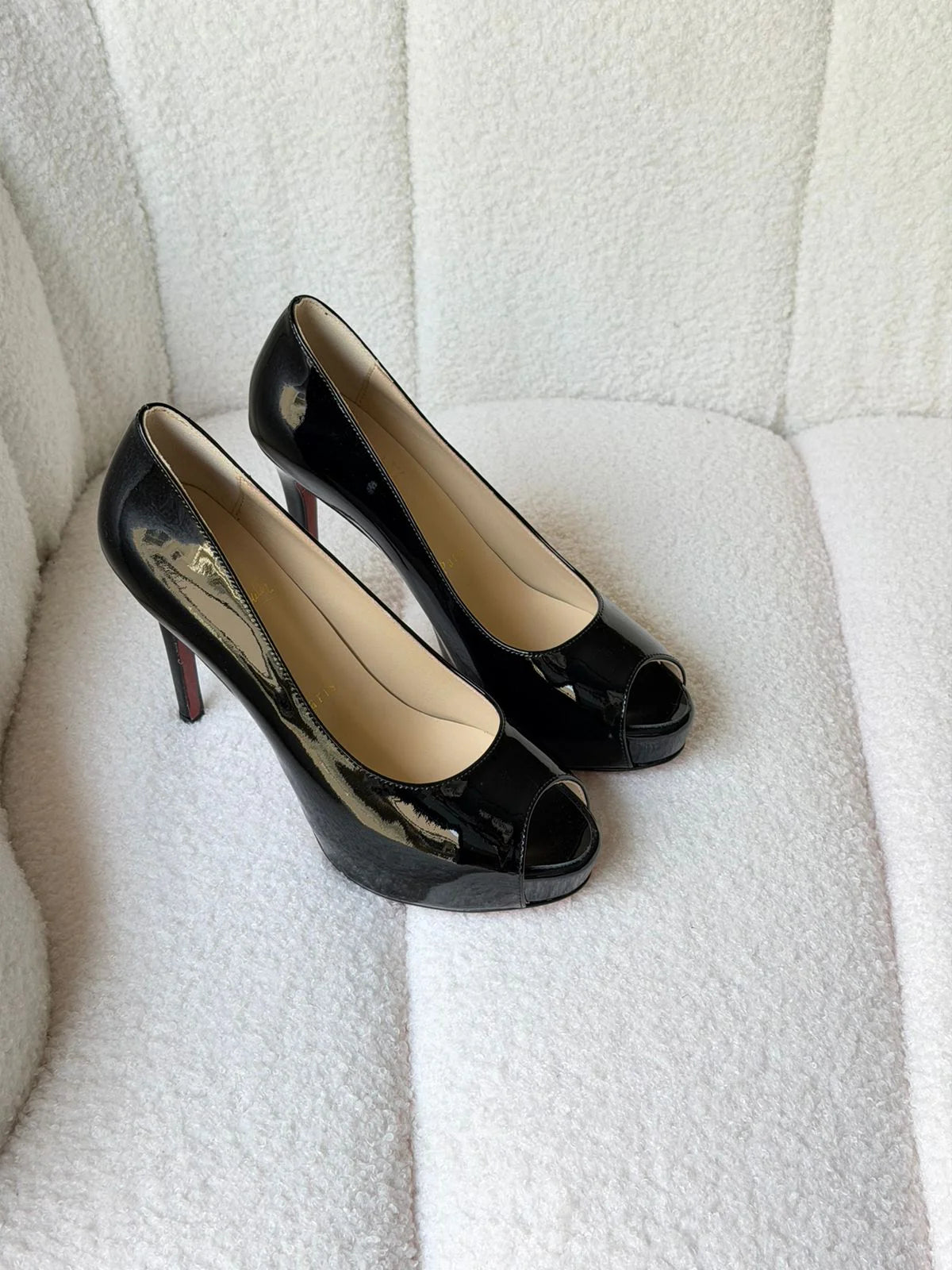 Christian Louboutin Black Patent Leather Vendome 120 Peep Toe Pumps