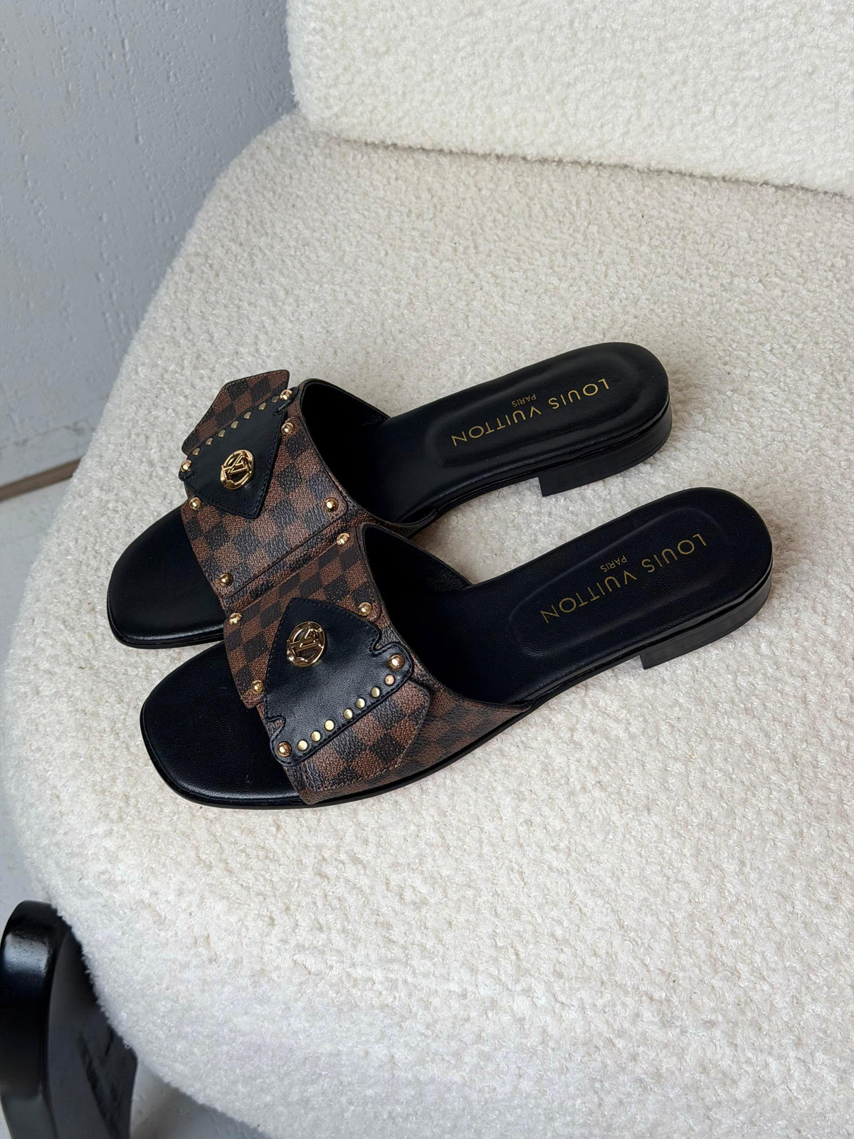Louis Vuitton Damier Ebene Studded Flat Slide Sandals
