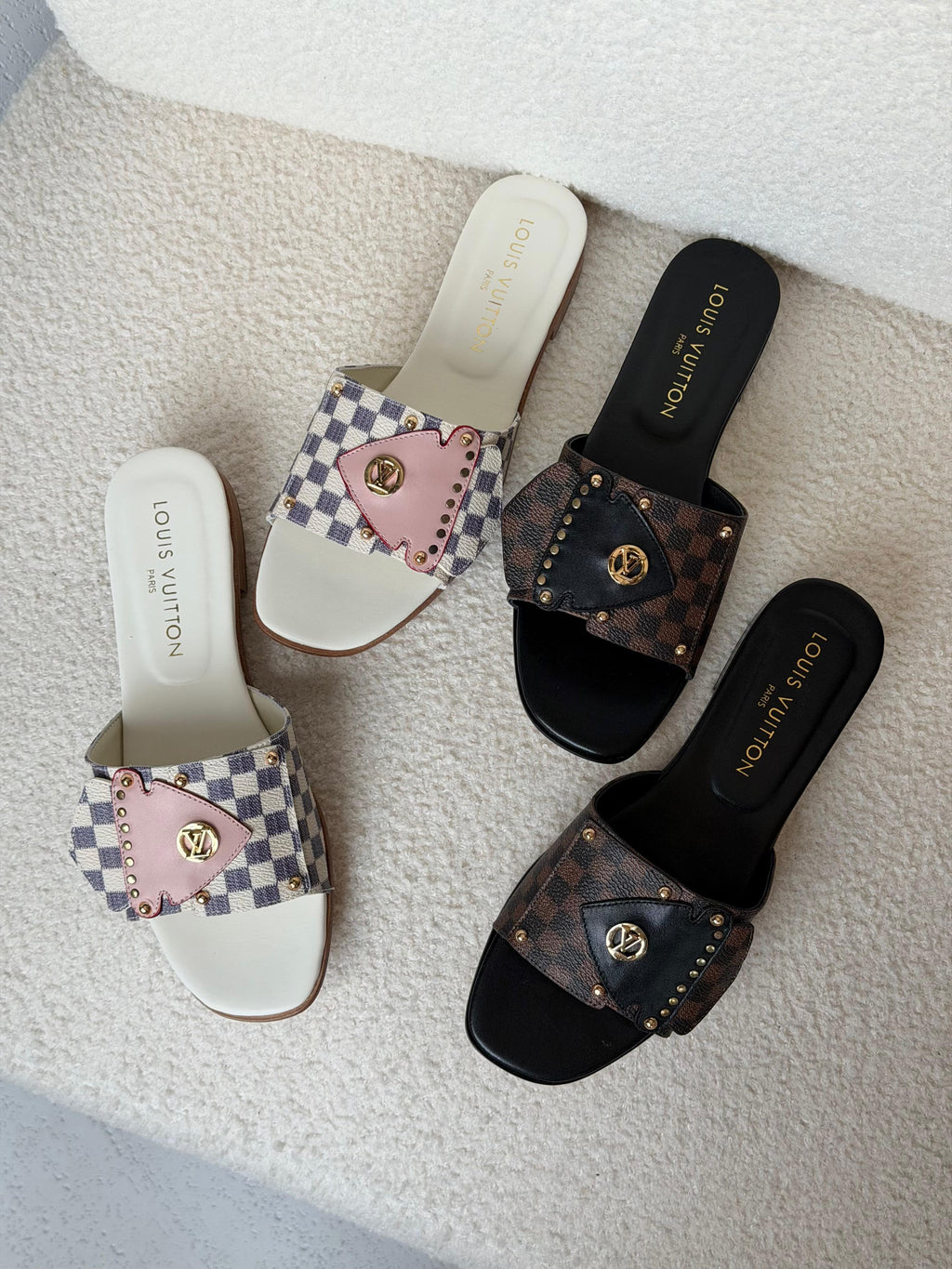 Louis Vuitton Damier Ebene Studded Flat Slide Sandals