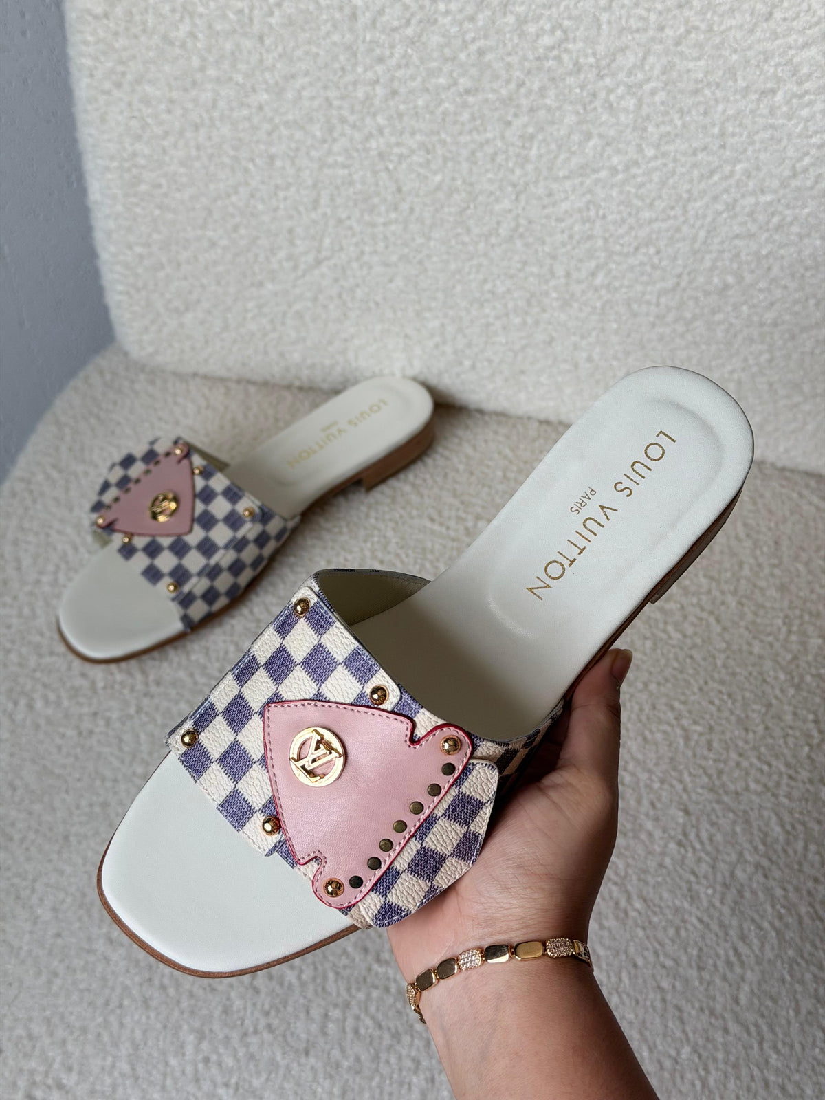 Louis Vuitton Damier Ebene Studded Flat Slide Sandals