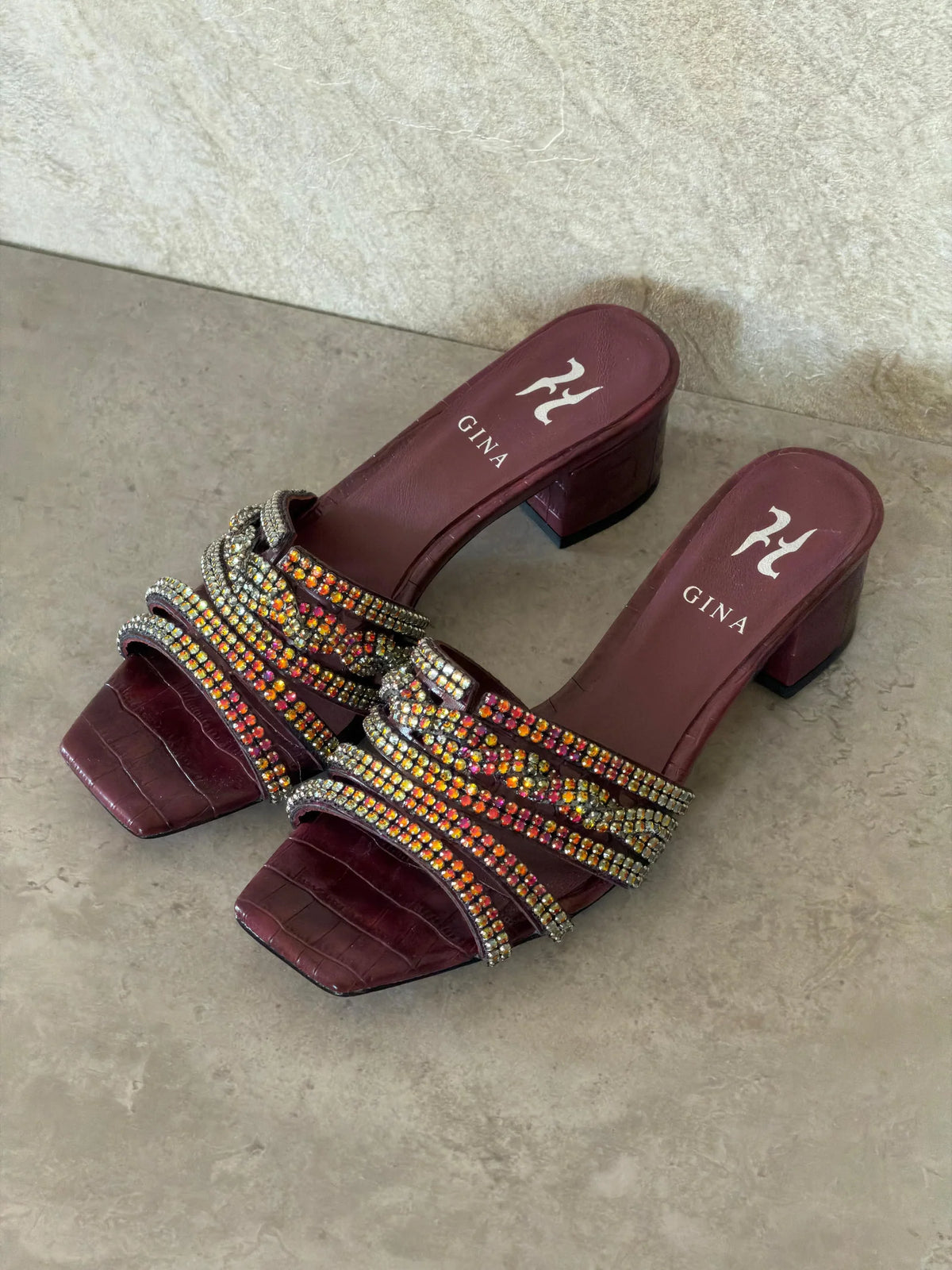 Gina Burgundy Leather Twyla Heeled Mules 50