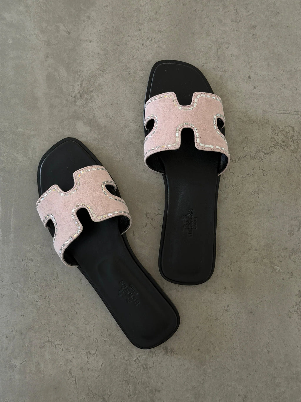 Hermes Suede Goatskin Embellished Oran Sandals