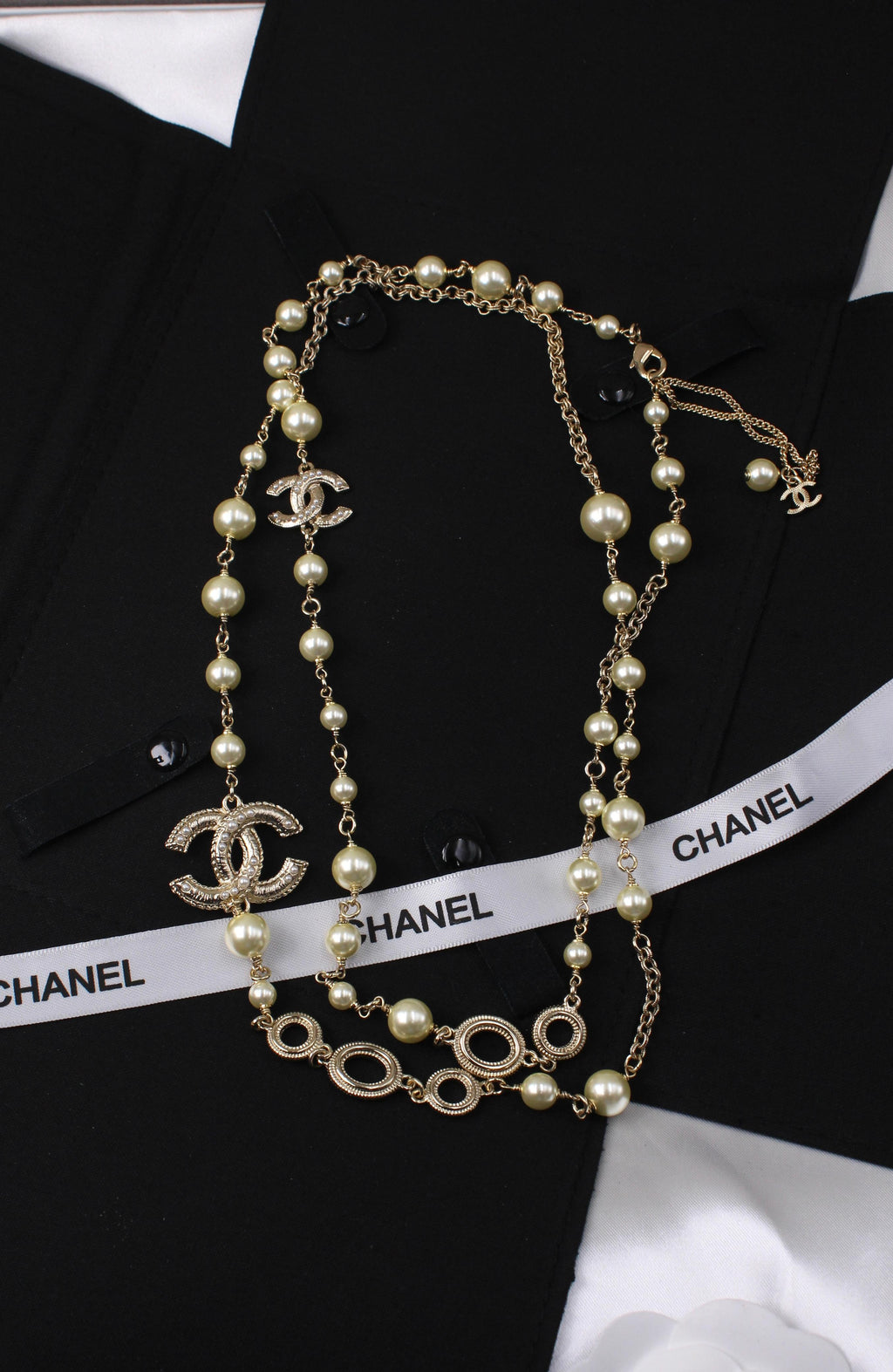 Chanel Long Pearl Necklace with CC Logo