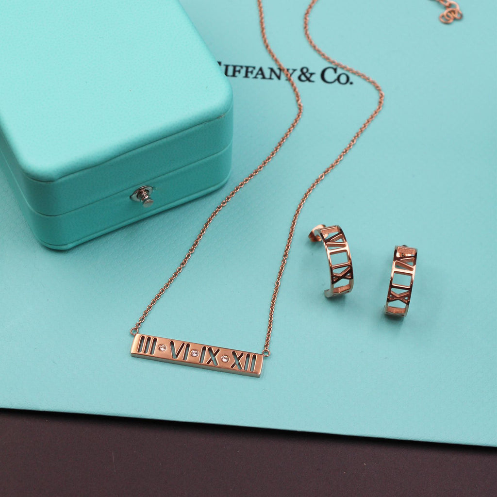 Tiffany & Co. Atlas Roman Numeral Pendant Necklace & Earrings Set