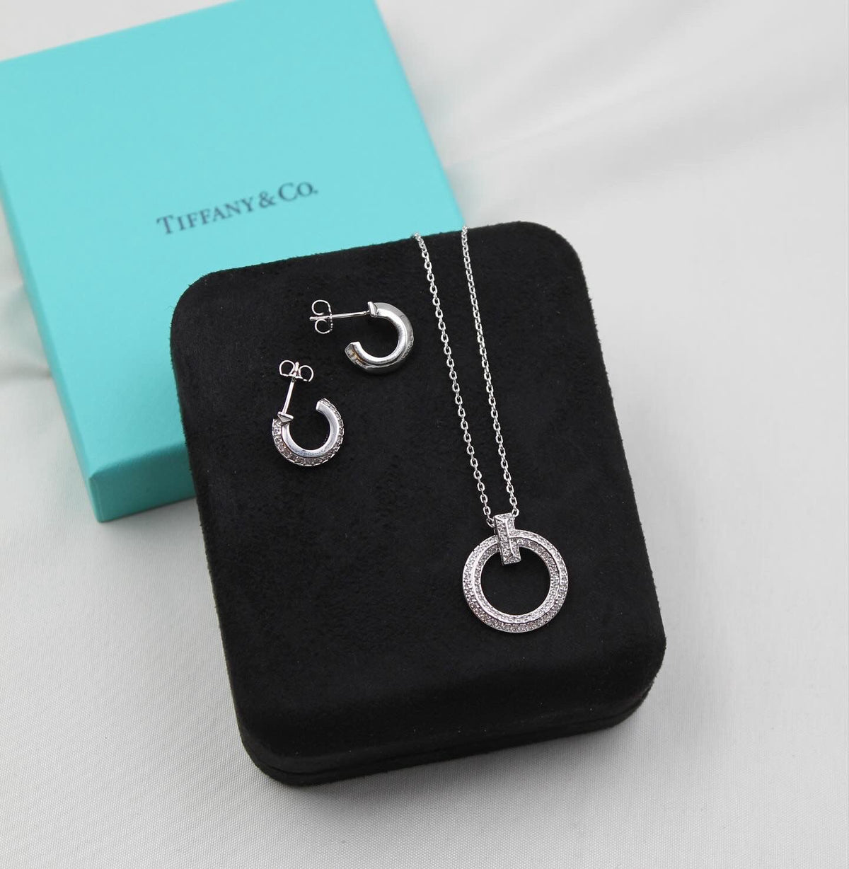 Tiffany & Co. Pavé Diamond Circle Pendant Necklace & Earrings Set