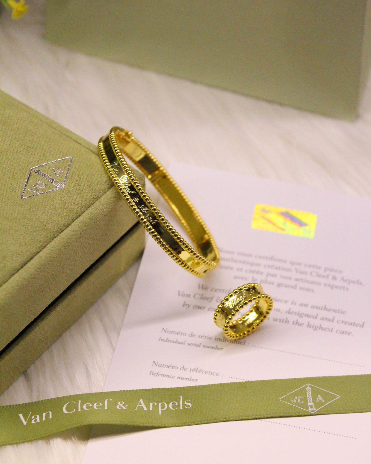 Van Cleef Beaded Clover Rose Ring and Bracelet Set