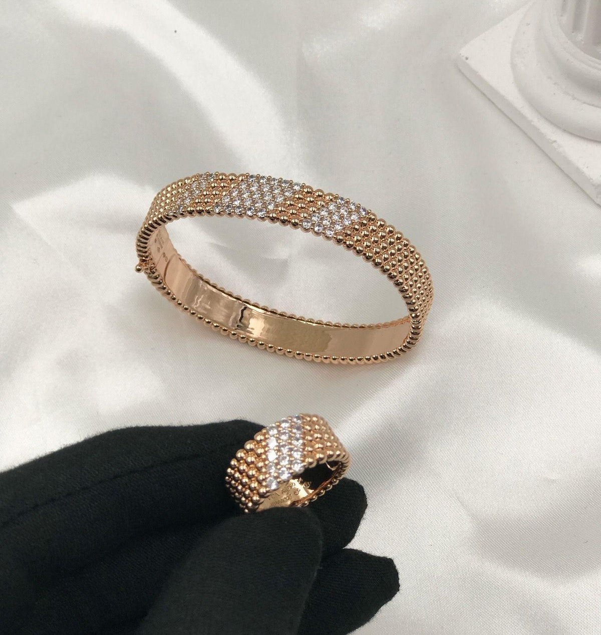Van Cleef Beaded Pave Gold Ring and Bracelet Set