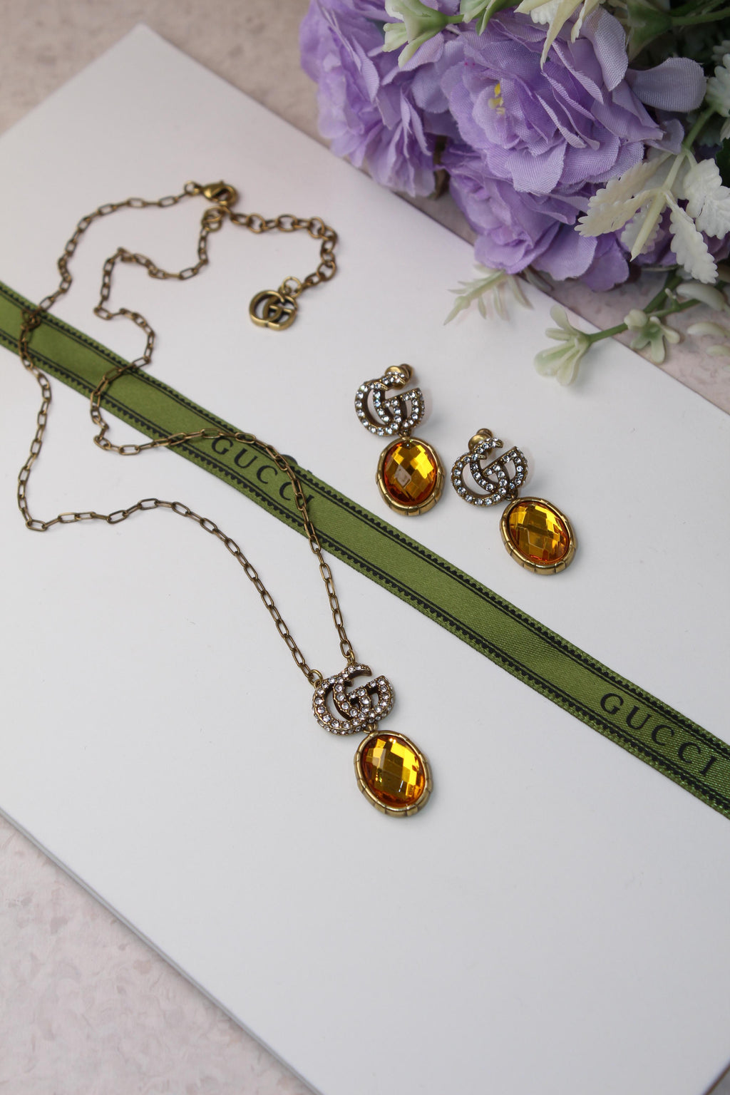 Gucci Interlocking G Crystal and Amber Stone Jewelry Set