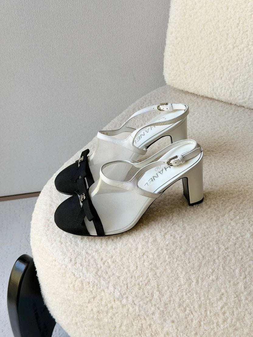 Chanel Heeled Slingbacks in Mesh and Grosgrain