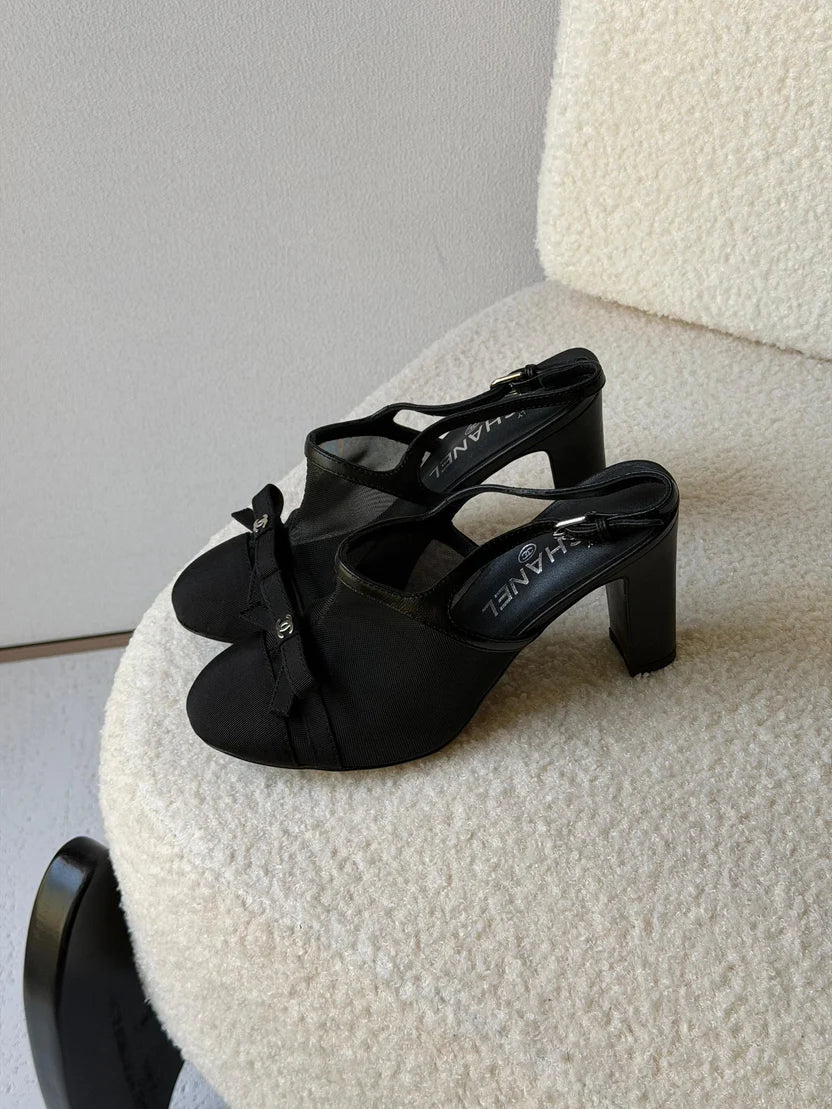 Chanel Heeled Slingbacks in Mesh and Grosgrain