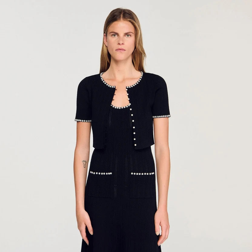 Buy SANDRO Black Cropped Beaded Cardigan