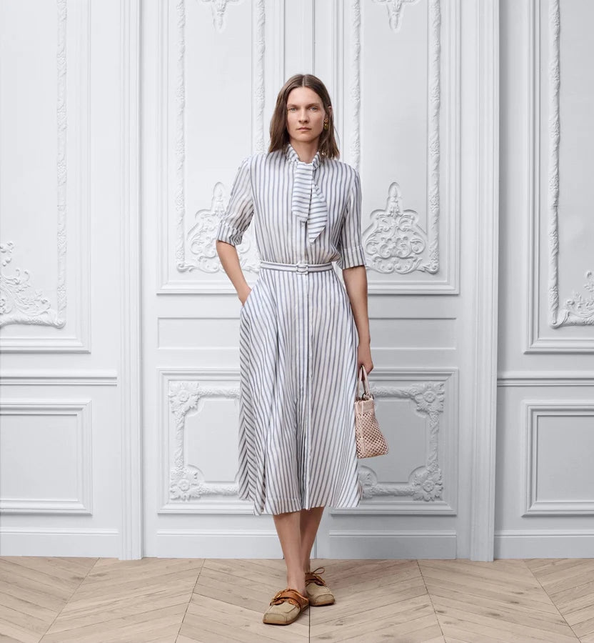 Dior Mid-Length Belted Dress Gray and White