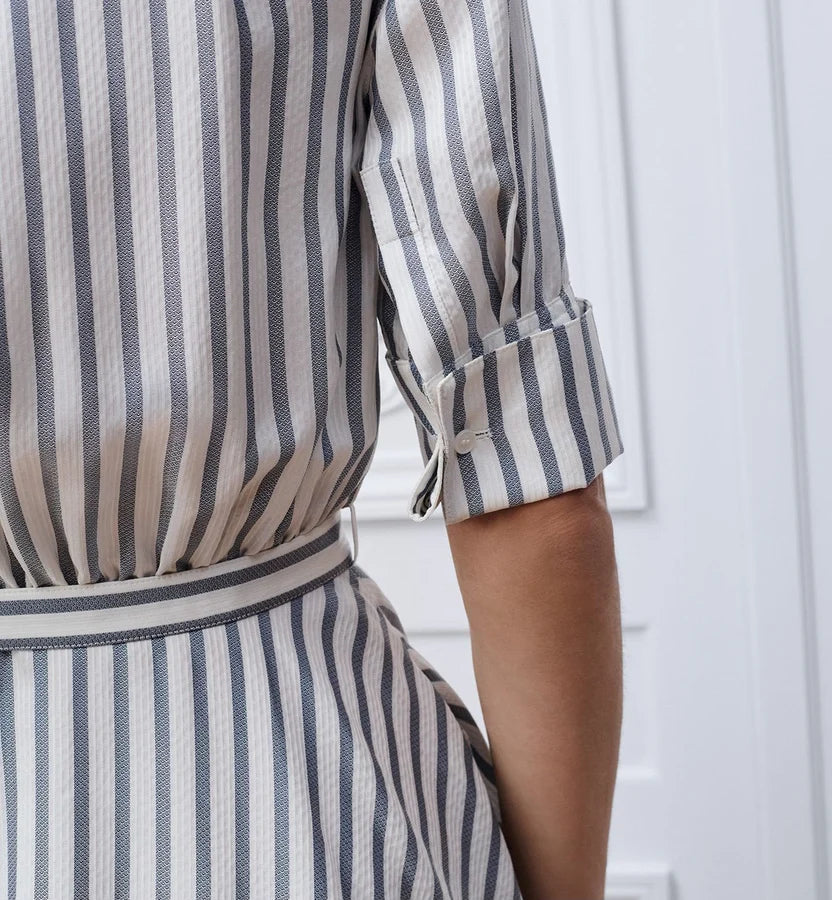 Dior Mid-Length Belted Dress Gray and White