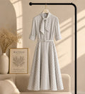 Dior Mid-Length Belted Dress Gray and White