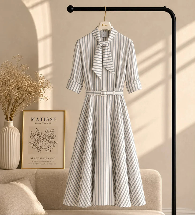 Dior Mid-Length Belted Dress Gray and White
