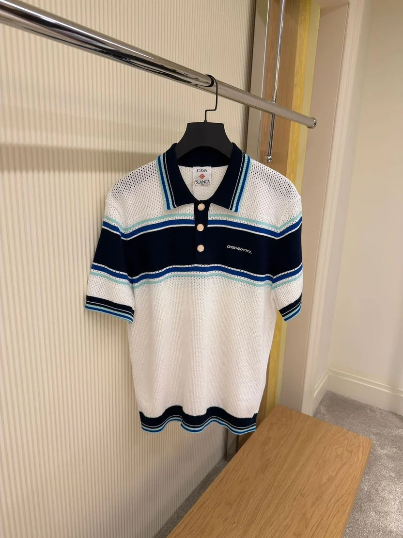 Casablanca open-knit Striped Polo Shirt
