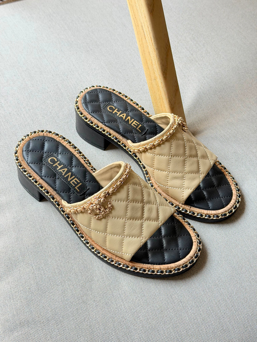 Chanel Interlocking CC Logo Slides in White