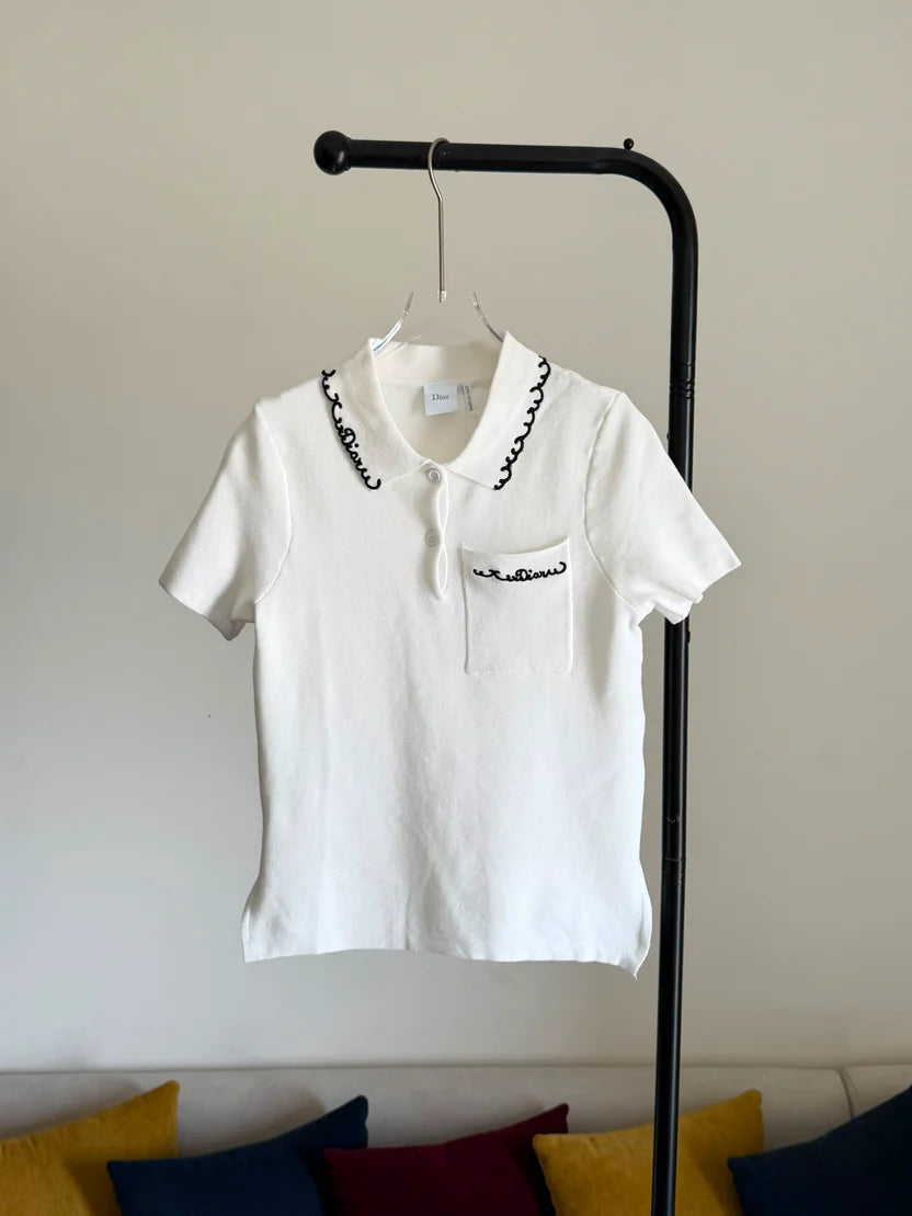 Dior Embroidered Polo Shirt White and Black Cotton