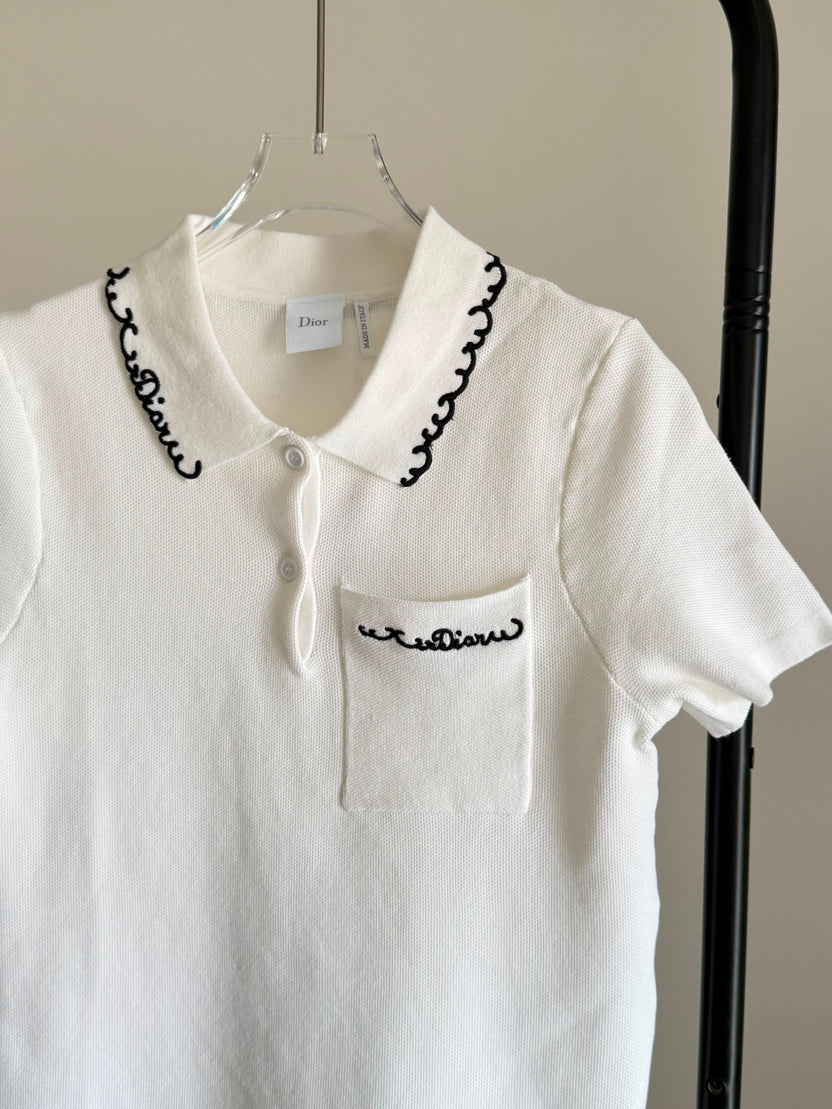 Dior Embroidered Polo Shirt White and Black Cotton