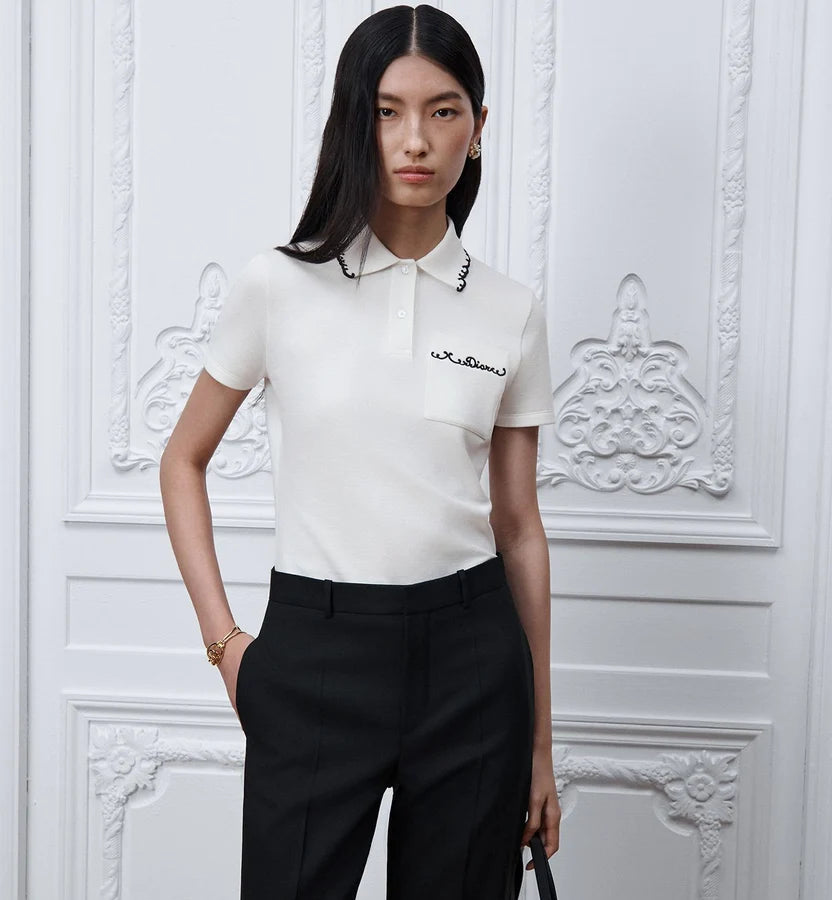 Dior Embroidered Polo Shirt White and Black Cotton