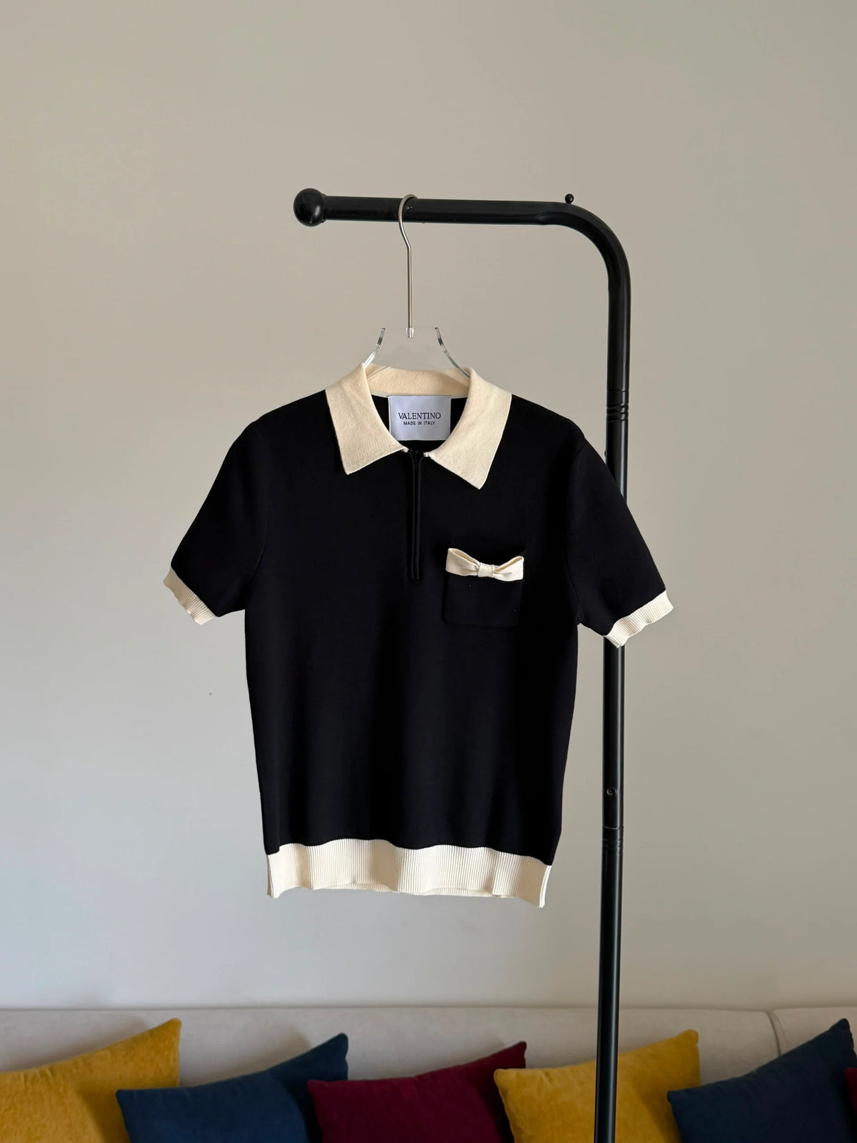 Valentino Black Cotton Bow-Detail Polo Shirt