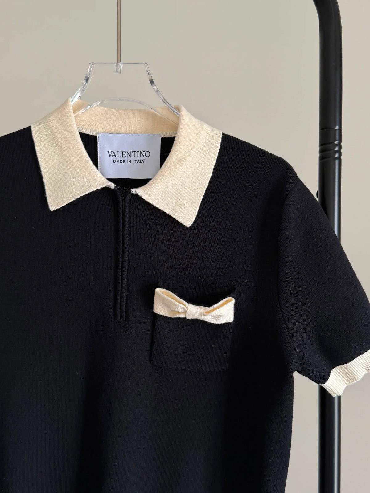 Valentino Black Cotton Bow-Detail Polo Shirt
