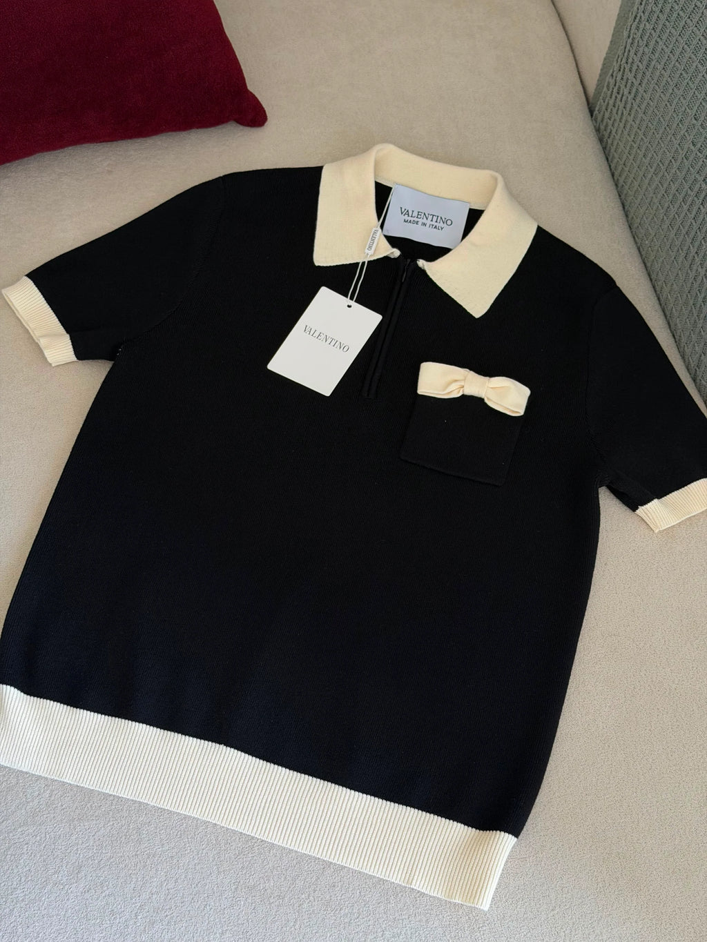 Valentino Black Cotton Bow-Detail Polo Shirt