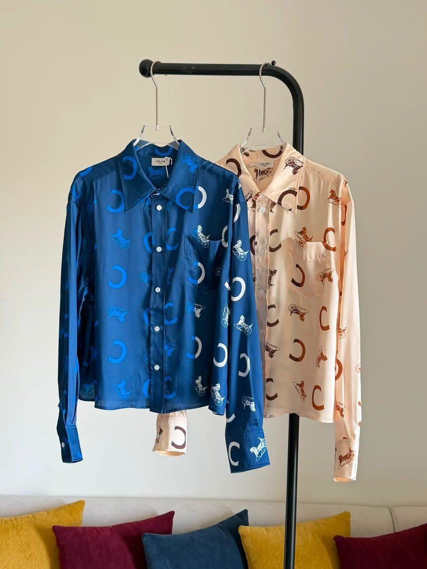 Celine Loose Shirt in Silk Twill with C & Sulky Print