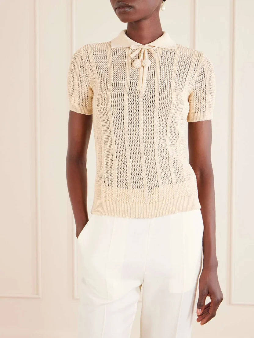 Valentino Scalloped Collar Cable-Knit Polo Shirt