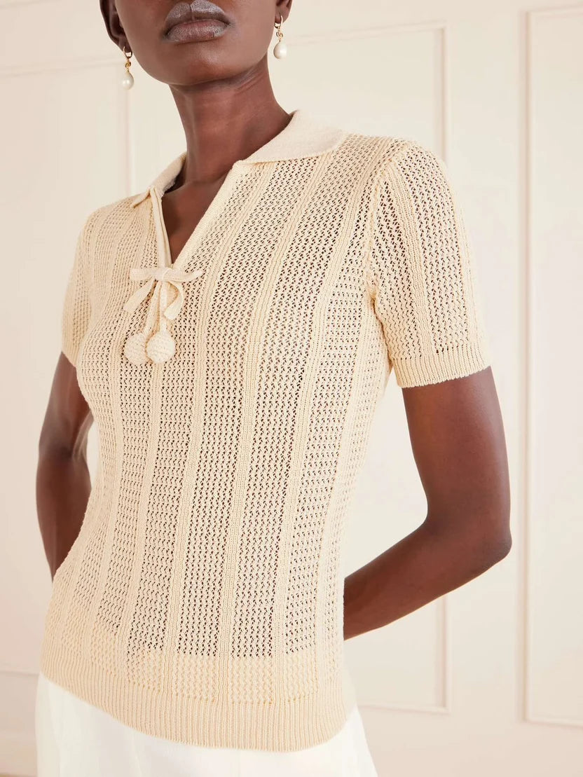 Valentino Scalloped Collar Cable-Knit Polo Shirt