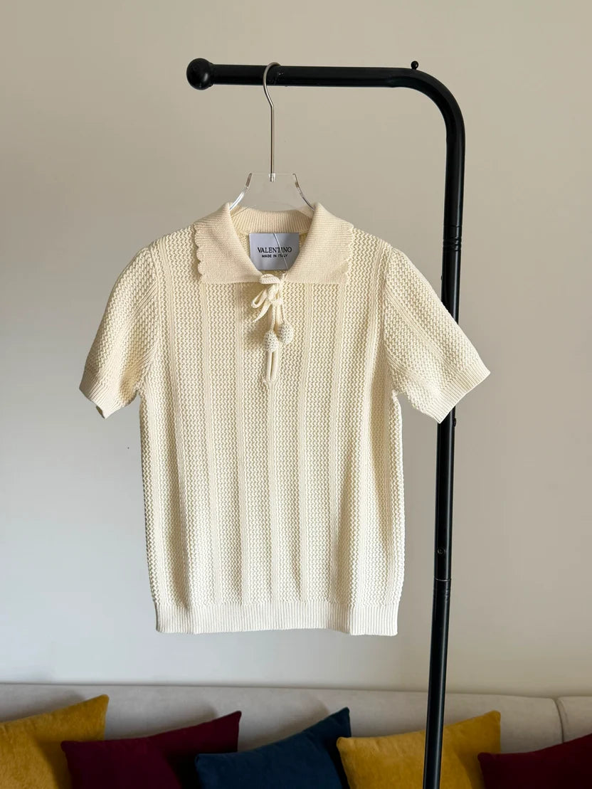 Valentino Scalloped Collar Cable-Knit Polo Shirt