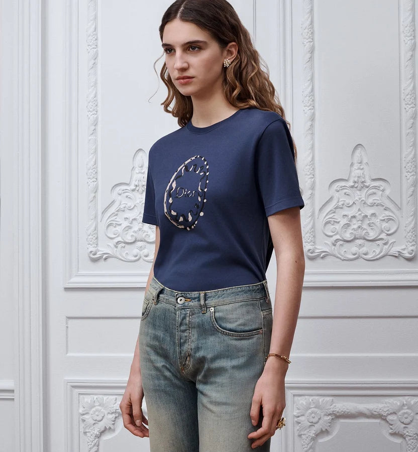 Dior Fitted T-Shirt Navy Blue Painted Ribbon Cotton Jersey