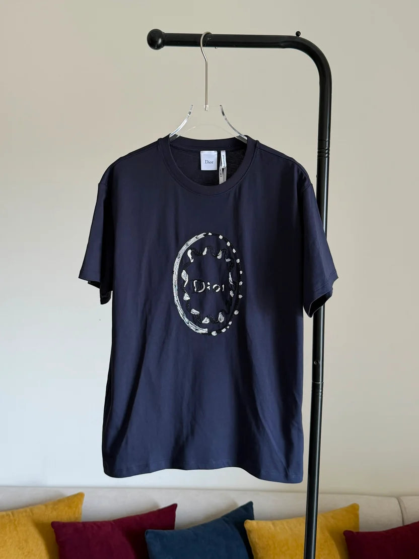 Dior Fitted T-Shirt Navy Blue Painted Ribbon Cotton Jersey