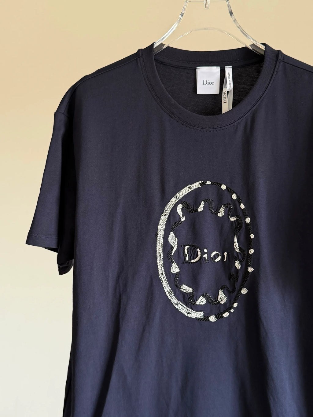 Dior Fitted T-Shirt Navy Blue Painted Ribbon Cotton Jersey