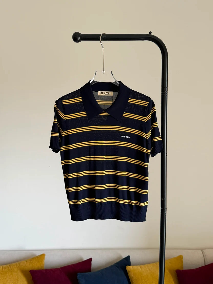 Miu Miu Striped Cotton Knit Polo Shirt