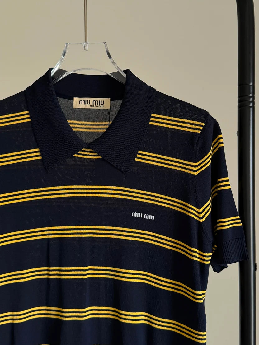 Miu Miu Striped Cotton Knit Polo Shirt