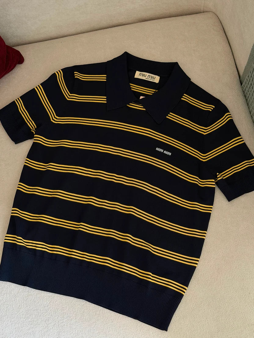 Miu Miu Striped Cotton Knit Polo Shirt