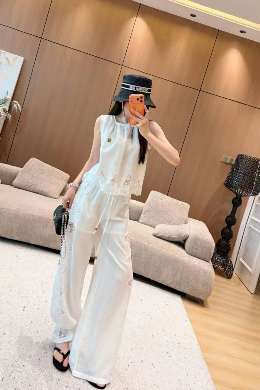 Chanel white embroidered linen pants set