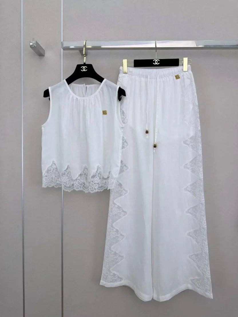 Chanel white embroidered linen pants set
