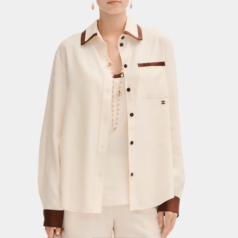 Chanel Long Sleeved Shirt in Silk Light Yellow and Burgundy