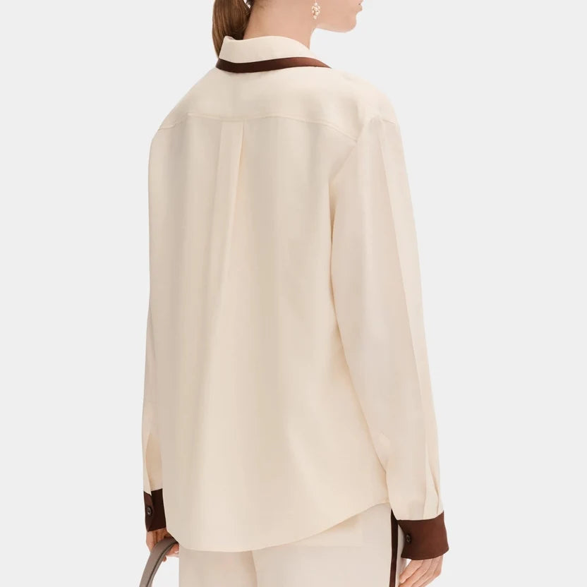 Chanel Long Sleeved Shirt in Silk Light Yellow and Burgundy