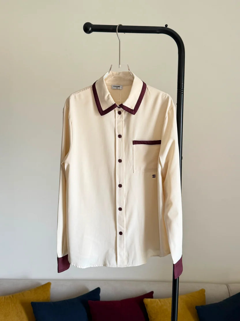 Chanel Long Sleeved Shirt in Silk Light Yellow and Burgundy