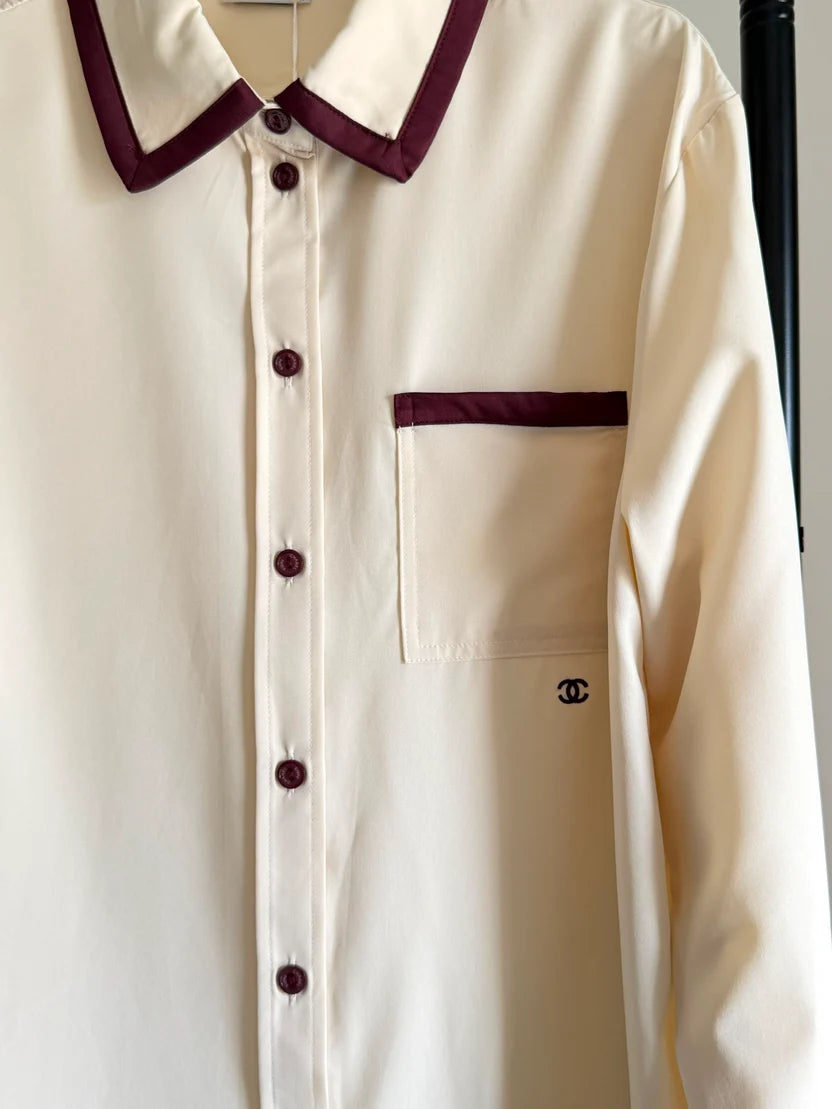 Chanel Long Sleeved Shirt in Silk Light Yellow and Burgundy