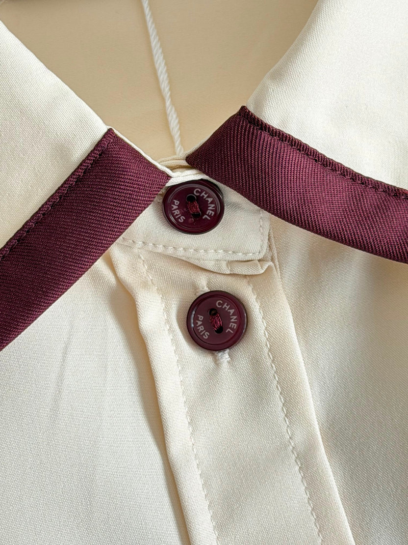 Chanel Long Sleeved Shirt in Silk Light Yellow and Burgundy